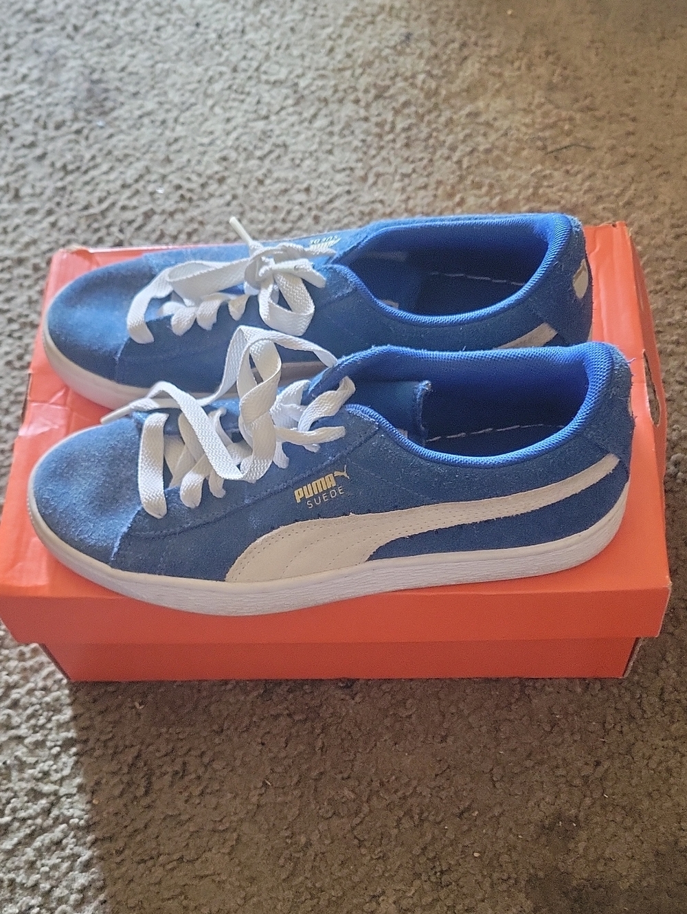 Puma Blue and White Suede Low-Top Sneakers